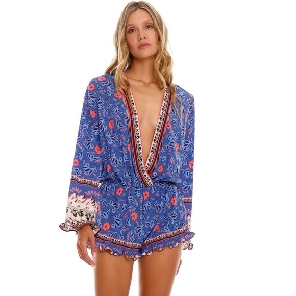 NEW Agua Bendita Larissa Deep V Floral Long Sleeve Romper Coverup Size Medium - Picture 1 of 15